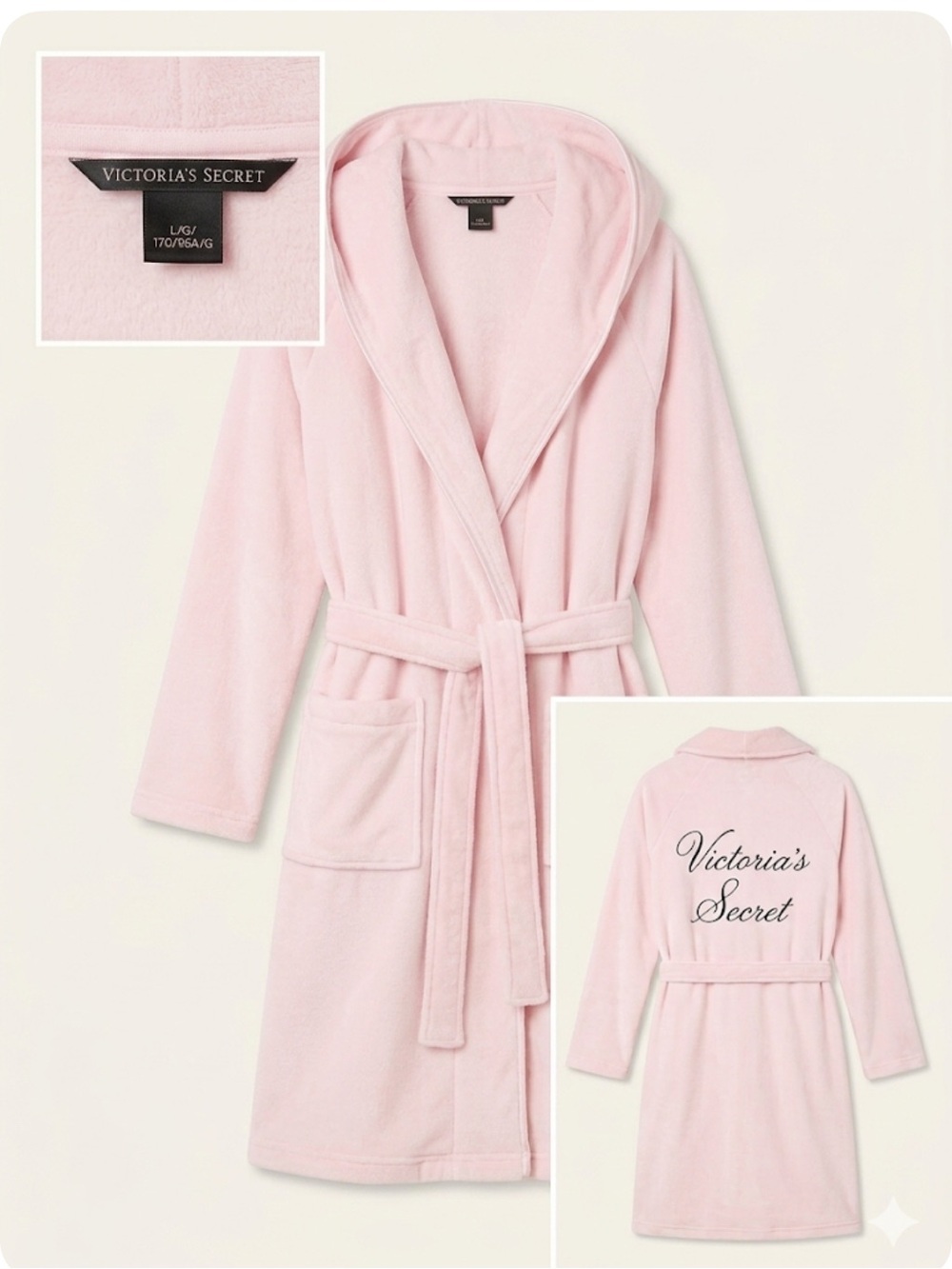 Victoria's Secret Light Pink Plush Hooded Robe with Embroidered Back